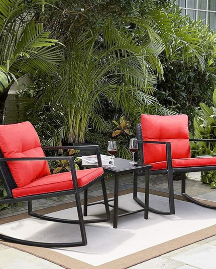 Greesum 3 Pieces Rocking Wicker Bistro Set, Patio Outdoor Furniture Conversation Sets with Porch Chairs and Glass Coffee Table, Red - LeafyLoom