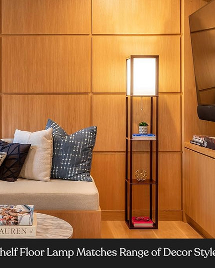 Brightech Maxwell - Modern Shelf Floor Lamp with Lamp Shade and LED Bulb - Corner Display Floor Lamps with Shelves for Living Room, Bedroom and Office - Walnut Brown - LeafyLoom