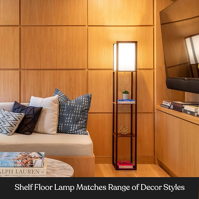 Brightech Maxwell - Modern Shelf Floor Lamp with Lamp Shade and LED Bulb - Corner Display Floor Lamps with Shelves for Living Room, Bedroom and Office - Walnut Brown - LeafyLoom