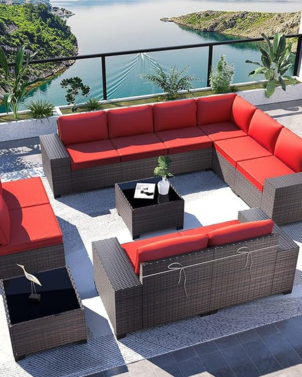 Kullavik 12PCS Outdoor Patio Furniture Set PE Wicker Rattan Sectional Sofa Patio Conversation Sets,Red - LeafyLoom