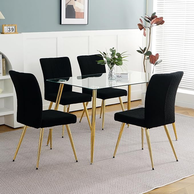 Modern Dining Chairs Set of 4, Side Dining Room Chairs with Gold Plated Metal Legs, Kitchen Chairs with Fabric Accent, Upholstered Chairs for Dining Room, Kitchen, Living Room, Black - LeafyLoom