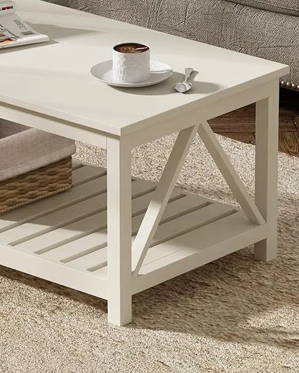 ChooChoo Coffee Table, Living Room Table with Shelf, 40 Antique White - LeafyLoom