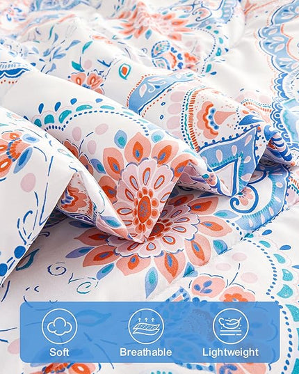 Printed Queen Bedding Sets with Comforter and Sheets, Lightweight Boho Floral 7 Piece Bed in A Bag Comforter Set for Women, Pink and Blue Mandala Flower Pattern - LeafyLoom