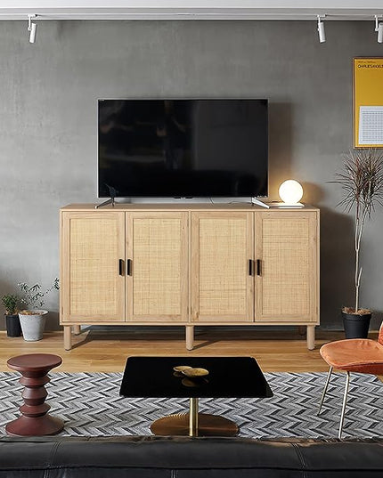 Finnhomy 4 Door Sideboard Buffet Cabinet, Kitchen Storage Cabinet with Rattan Decorated Doors, Cupboard Console Table, Boho Accent Liquor Cabinet, Bar Cabinet, 62.3X 15.7X 34.6 Inches, Natural - LeafyLoom