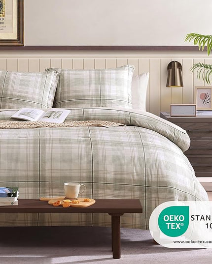 Beige Twin Comforter Set, Khaki Green Plaid Twin XL Comforter Set for Boys & Girls,Classic Homestead-style Twin Bed Set with Sheets and Comforter Set - LeafyLoom