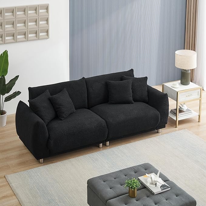 Modular Teddy Fleece Cloud 3 Seater Sofa Deep Seat Upholstered W/Metal Legs, Comfy Leisure Couch Beautiful Shape Bread Sofa&Couch with 4 Pillows for Living Room, 86.6", Black-1658 - LeafyLoom