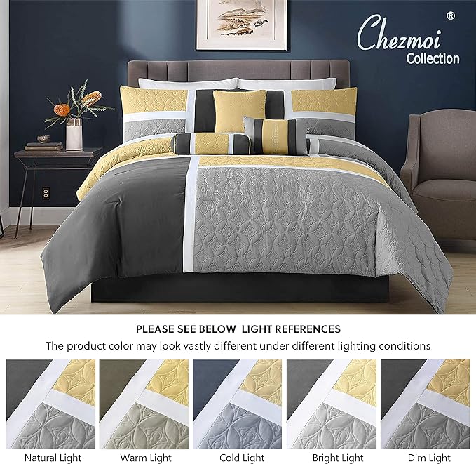 Chezmoi Collection Upland 7-Piece Quilted Patchwork Comforter Set, Yellow/Charcoal/Gray, Queen - LeafyLoom