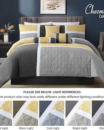 Chezmoi Collection Upland 7-Piece Quilted Patchwork Comforter Set, Yellow/Charcoal/Gray, King - LeafyLoom