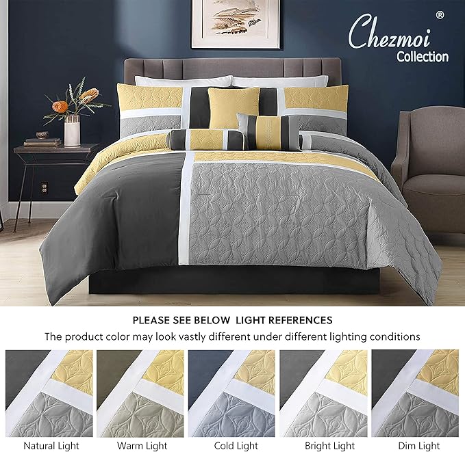 Chezmoi Collection Upland 7-Piece Quilted Patchwork Comforter Set, Yellow/Charcoal/Gray, King - LeafyLoom