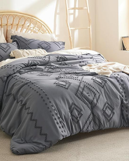 Bedsure Boho Comforter Set Queen - Dark Grey Tufted Bedding Comforter Set, 3 Pieces Farmhouse Shabby Chic Embroidery Bedding Set, Soft Geometric Pattern Comforter for All Seasons - LeafyLoom