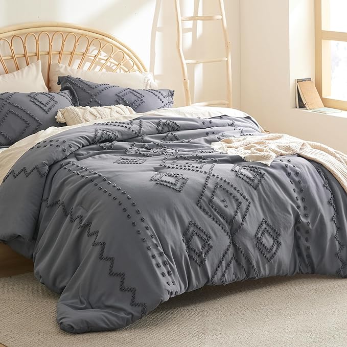 Bedsure Boho Comforter Set Queen - Dark Grey Tufted Bedding Comforter Set, 3 Pieces Farmhouse Shabby Chic Embroidery Bedding Set, Soft Geometric Pattern Comforter for All Seasons - LeafyLoom