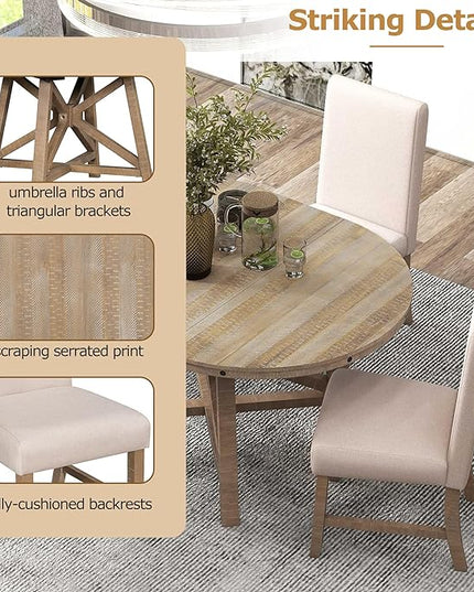 Merax 5-Piece Retro Wood Dining Set for 4 with Extendable Round Table and 16" Removable Middle Leaf, Including 4 Upholstered Backrest Cusioned Chairs, for Kitchen, Living Room, Natural Wood Wash - LeafyLoom