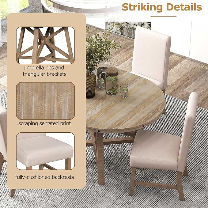 Merax 5-Piece Retro Wood Dining Set for 4 with Extendable Round Table and 16" Removable Middle Leaf, Including 4 Upholstered Backrest Cusioned Chairs, for Kitchen, Living Room, Natural Wood Wash - LeafyLoom