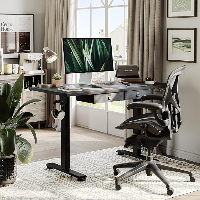 Standing Desk with 2 Drawers, Adjustable Height Electric Desk with Storage, 55 x 24 Inches Sit Stand Up Computer Table for Work Office Home, Black - LeafyLoom