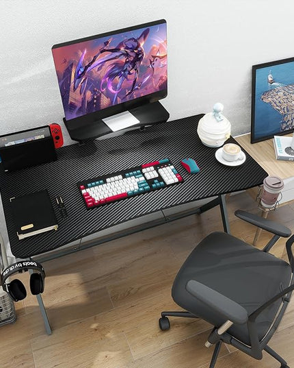 45IN Gaming Desk Gamer Table Carbon Fiber Surface Computer Table Gamer Desk with Monitor Shelf Office Home Study Desk Work PC Table Steel Legs Corner Desk Black - LeafyLoom