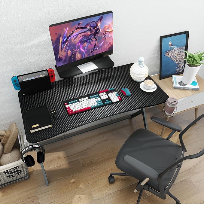 45IN Gaming Desk Gamer Table Carbon Fiber Surface Computer Table Gamer Desk with Monitor Shelf Office Home Study Desk Work PC Table Steel Legs Corner Desk Black - LeafyLoom