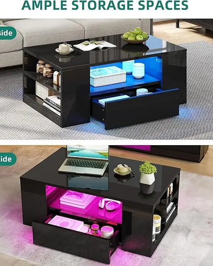 YITAHOME Modern Coffee Tables for Living Room, High Gloss LED Coffee Table, Storage Coffee Table, Small Coffee Table, Wood Center Table with 2 Sliding Drawers and Open Side Shelf,Black - LeafyLoom