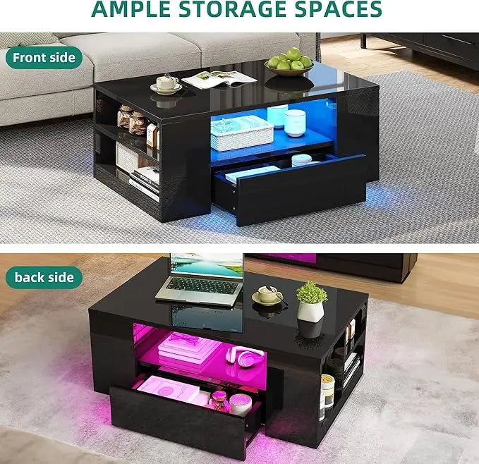 YITAHOME Modern Coffee Tables for Living Room, High Gloss LED Coffee Table, Storage Coffee Table, Small Coffee Table, Wood Center Table with 2 Sliding Drawers and Open Side Shelf,Black - LeafyLoom