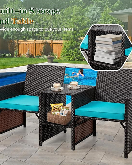 Shintenchi Wicker Patio Conversation Furniture Set with Detachable Chairs & Table and Two Removable Cushions,Rattan Wicker Lover Chair for Patio,Garden, Courtyard and Lawn Backyard (Blue) - LeafyLoom