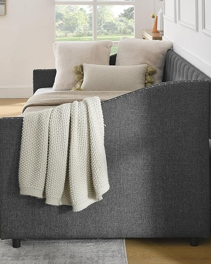 Twin Size Daybed with Two Storage Drawers, Linen Upholstered Tufted Sofa Bed w/Button on Back and Copper Nail on Waved Shape Arms, for Bedroom Living Room, No Box Spring Needed, Dark Grey - LeafyLoom