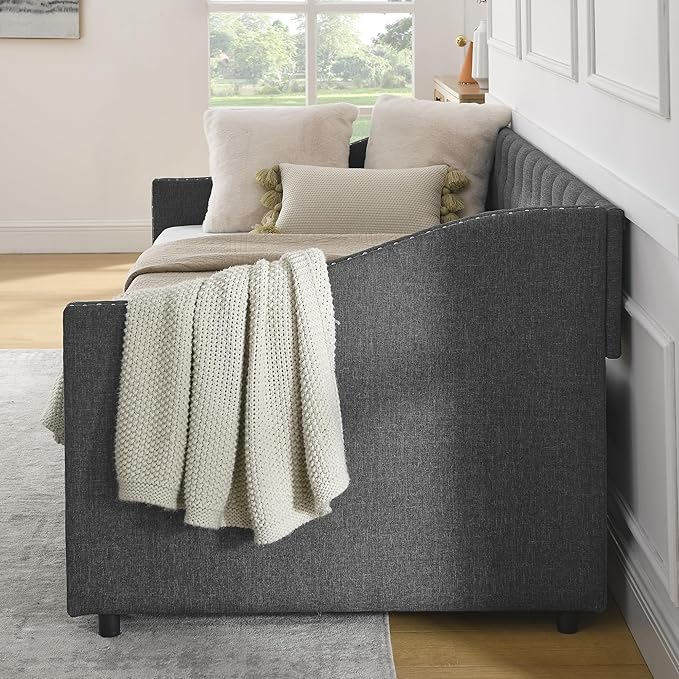 Twin Size Daybed with Two Storage Drawers, Linen Upholstered Tufted Sofa Bed w/Button on Back and Copper Nail on Waved Shape Arms, for Bedroom Living Room, No Box Spring Needed, Dark Grey - LeafyLoom