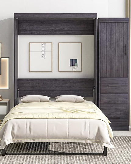 Full Size Murphy Bed, Multifunctional Storage Bed Wall Bed with 3 Drawers and Wardrobe, Can be Folded into a Cabinet, Ideal for Small Spaces Place, No Box Spring Needed, Gray - LeafyLoom