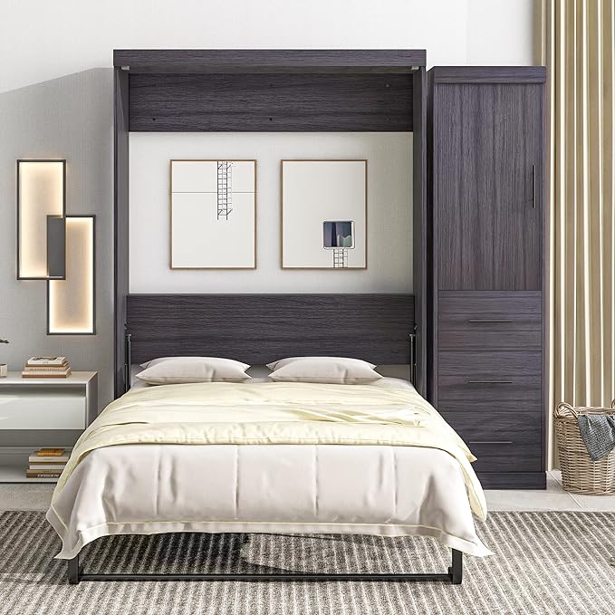Full Size Murphy Bed, Multifunctional Storage Bed Wall Bed with 3 Drawers and Wardrobe, Can be Folded into a Cabinet, Ideal for Small Spaces Place, No Box Spring Needed, Gray - LeafyLoom