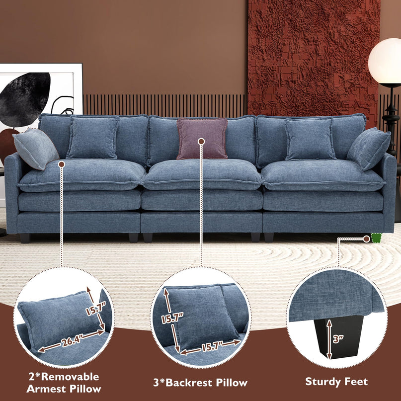 Ihanherry 111.4" L Shaped Modern Sofa Modular Sectional Cloud Couch with Ottoman, 4-Seat Chenille Deep Seat Sofa with Pillow for Living Room, Bedroom and Apartment, Beige LeafyLoom