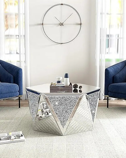 Drum Coffee Table Mirrored with Crystal Inlay, Hexagon Silver Accent Table, Modern Design Luxury Contemporary Furniture, 31.5‘’ Low Coffee Table for Living Room Fully Assembled - LeafyLoom