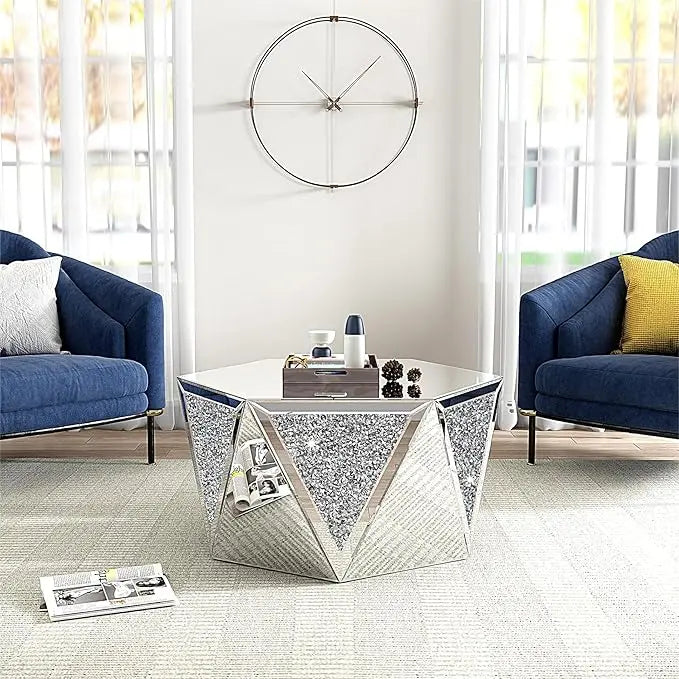 Drum Coffee Table Mirrored with Crystal Inlay, Hexagon Silver Accent Table, Modern Design Luxury Contemporary Furniture, 31.5‘’ Low Coffee Table for Living Room Fully Assembled - LeafyLoom