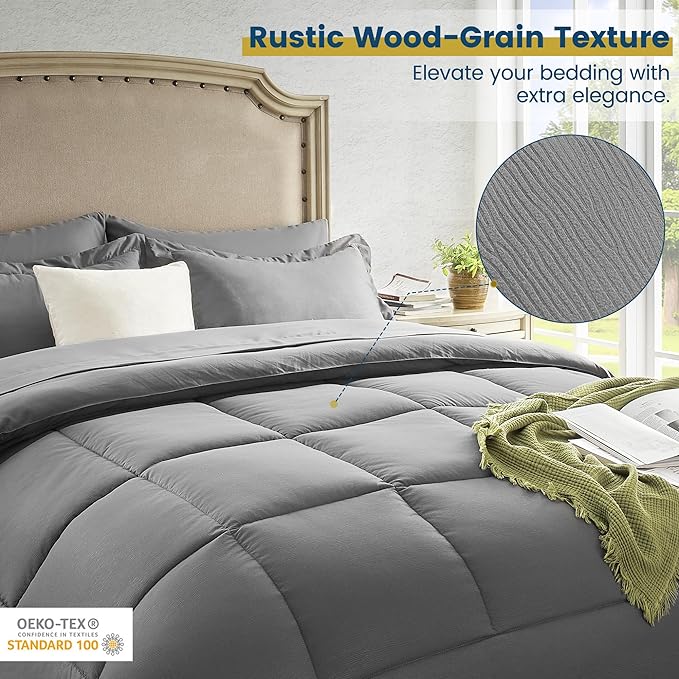 Full Size Bed in a Bag 7 Pieces Comforter Set Full Size, Wood Grain Texture Bedding Set Dark Grey All Season Bed Set with Comforter, Pillowcases, Flat Sheet, Fitted Sheet and Pillow Shams - LeafyLoom