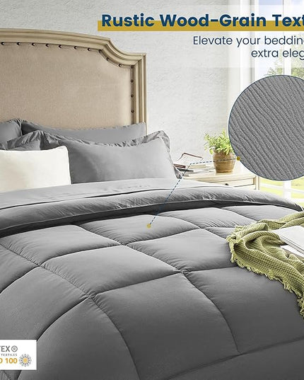 Twin Bed in a Bag 5 Pieces Comforter Set Twin, Wood Grain Texture Bedding Comforter Set Dark Grey Bed Set with Comforter, Pillowcase, Flat Sheet, Fitted Sheet and Pillow Sham - LeafyLoom