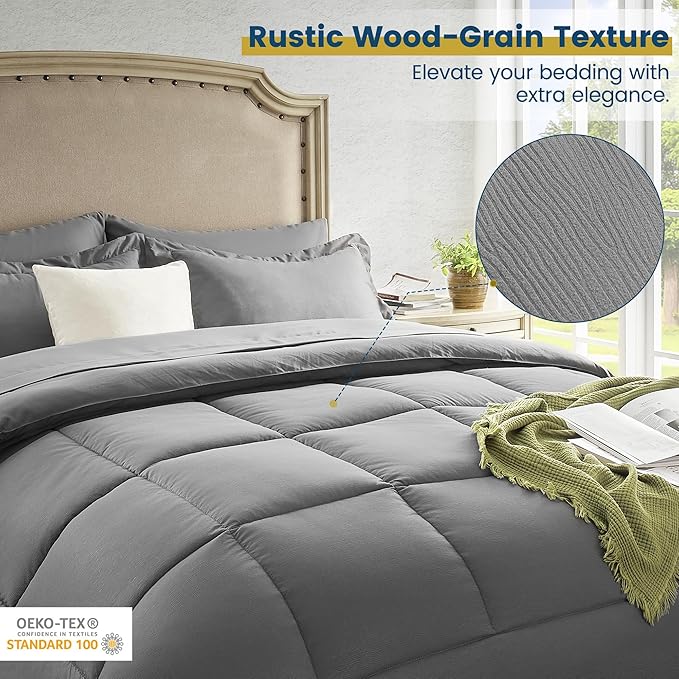Twin Bed in a Bag 5 Pieces Comforter Set Twin, Wood Grain Texture Bedding Comforter Set Dark Grey Bed Set with Comforter, Pillowcase, Flat Sheet, Fitted Sheet and Pillow Sham - LeafyLoom