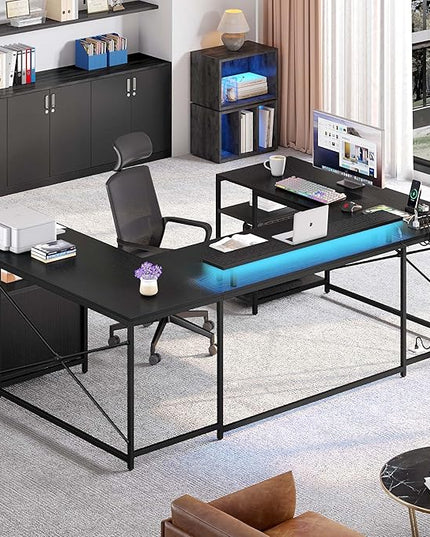 YITAHOME U Shaped Desk with Power Outlets & LED Lights, 79" Reversible L Shaped Desk with Drawers, Corner Computer Desk Office Desk with Monitor Stand & Storage Shelves, Black - LeafyLoom