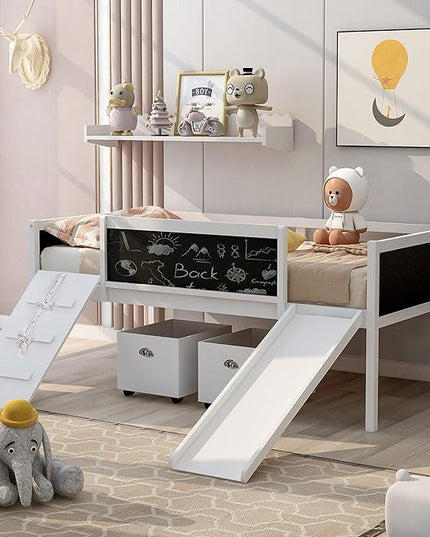 Bellemave Twin Size Wooden Low Loft Bed Frame with Two Storage Boxes,Kids Loft Bed with Slide and Climbing Frame for Boys & Girls,White - LeafyLoom