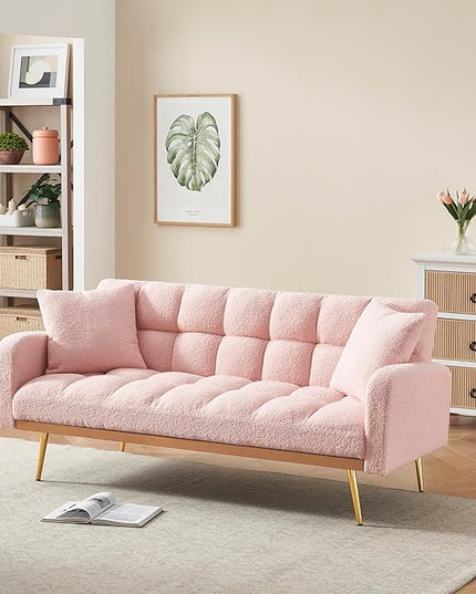 Fabric Teddy Fleece Folding Futon Sofa Bed w/Adjustable Backrests, 2 Seater Tufted Convertible Lounge Couch Recliner Loveseat with Metal Golden Legs for Living Room, Office,Bedroom, Pink 69" - LeafyLoom