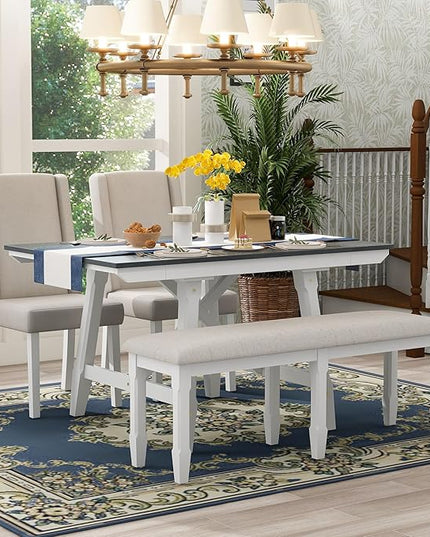 RITSU Farmhouse 6-Piece Dining Set, Included Solid Wood Rectangular Extendable Table with Two 12" W Removable Leaves and 4 Upholstered Chairs & Bench, Kitchen Dinette Furniture, Gray+White - LeafyLoom
