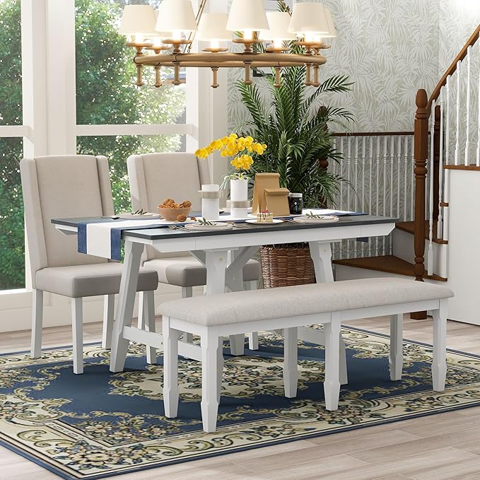 RITSU Farmhouse 6-Piece Dining Set, Included Solid Wood Rectangular Extendable Table with Two 12" W Removable Leaves and 4 Upholstered Chairs & Bench, Kitchen Dinette Furniture, Gray+White - LeafyLoom