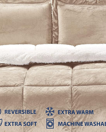 Cathay Home Bedding Sets: Ultra Soft and Plush Reversible Micromink and Sherpa 3-Piece Comforter Set, Camel, Queen (90" x 90") - LeafyLoom