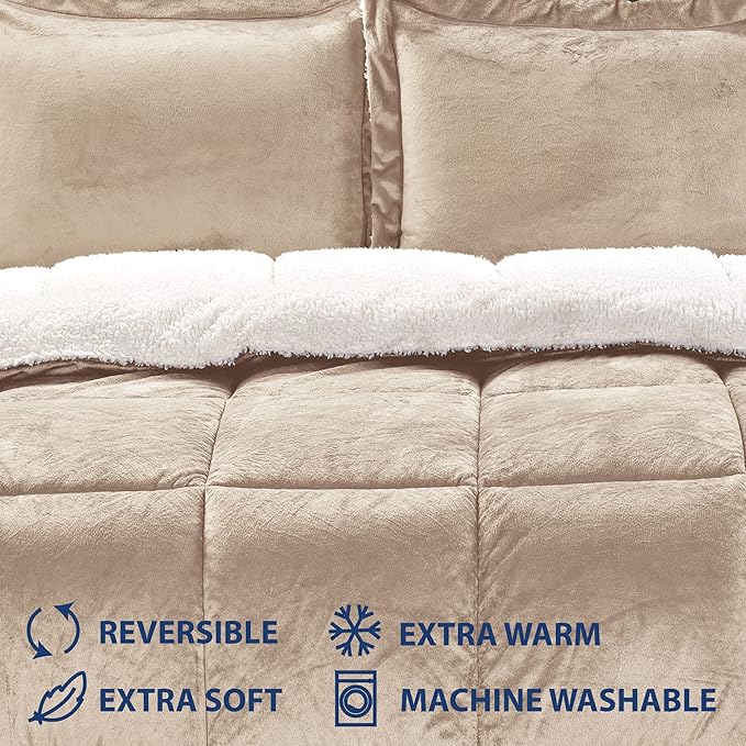 Cathay Home Twin Comforter Set: Ultra Soft and Plush Reversible Micromink and Sherpa Bedding Set, Camel, Twin (66" x 86"), 2-Piece - LeafyLoom