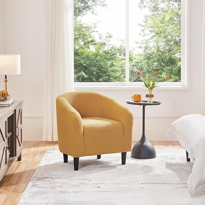 Yaheetech Accent Chair, Cozy Living Room Chairs with Soft Padded, Furry Sherpa Barrel Chair Sturdy Legs, Modern Armchair for Living Room Bedroom Reception Room Office, Mustard Yellow - LeafyLoom