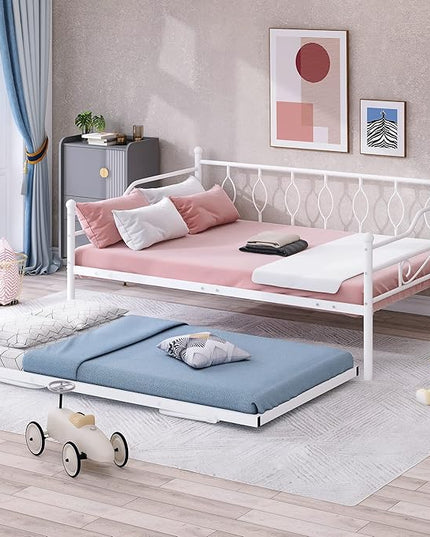 Full Daybed with Trundle, Metal Day Bed with Pull Out Trundle, Sofa Bed with Twin Size Portable Folding Trundle, Bed Frame for Bedroom, Living Room, Guest Room, Home, No Box Spring Needed, White - LeafyLoom