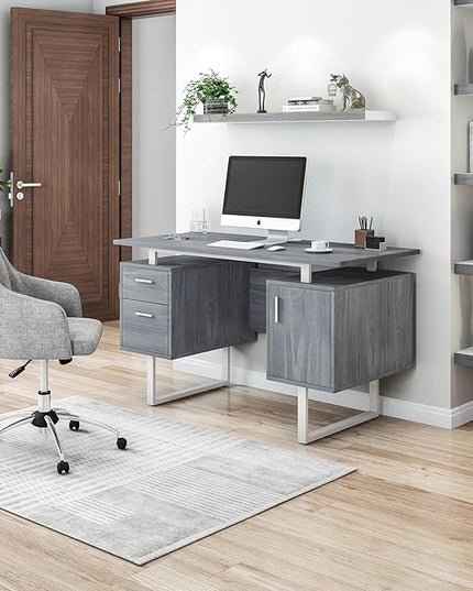Techni Mobili Modern Office Desk with Storage, Gray - LeafyLoom