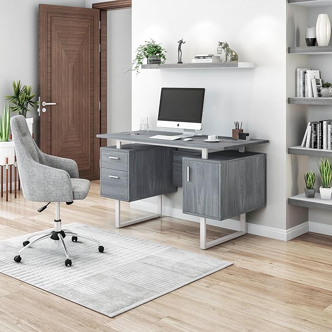 Techni Mobili Modern Office Desk with Storage, Gray - LeafyLoom