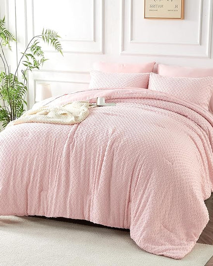 Queen Size Tufted Kids Comforter Set 7 Piece Pink Jacquard Tufts Embroidery Bedding Set for Boys Girls Bed in A Bag Quilt with 1 Comforter, 1 Flat Sheet, 1 Fitted Sheet, 2 Pillowcase and 2 Pillow Sham - LeafyLoom