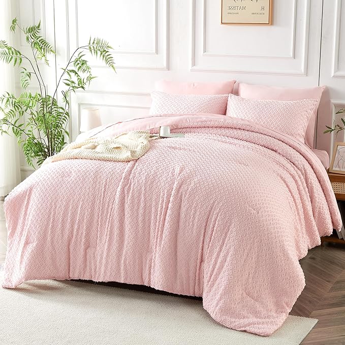 Queen Size Tufted Kids Comforter Set 7 Piece Pink Jacquard Tufts Embroidery Bedding Set for Boys Girls Bed in A Bag Quilt with 1 Comforter, 1 Flat Sheet, 1 Fitted Sheet, 2 Pillowcase and 2 Pillow Sham - LeafyLoom