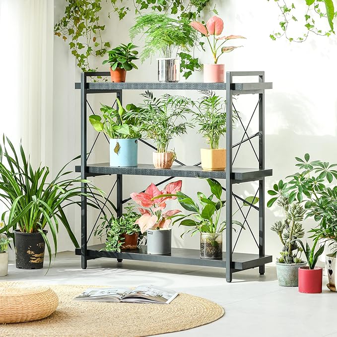 HCHQHS Bookshelf, 3-Tier Industrial Bookcase, Black Open Book Shelf, Freestanding Horizontal Bookshelves with Metal Frame - LeafyLoom