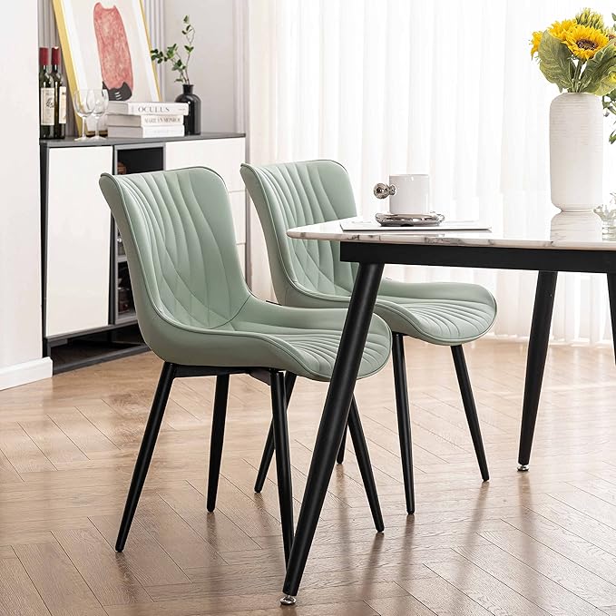 YOUTASTE Sage Green Dining Chairs Set of 2 Upholstered Mid Century Modern Kitchen Dining Room Chairs Armless Faux Leather Accent Chairs Metal Vanity Lounge Chair with Back for Bedrooms, Mint Green - LeafyLoom