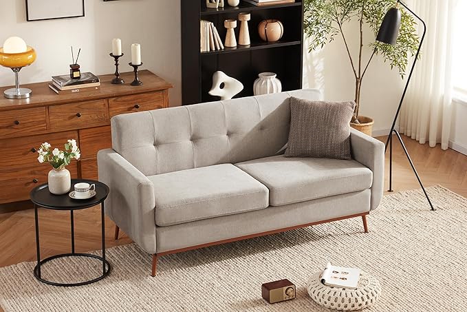 65" Loveseat Sofa, Mid Century Modern Love Seat Couches for Living Room, Comfy Upholstered Sofa Couch for Bedroom(Linen-Light Grey) - LeafyLoom