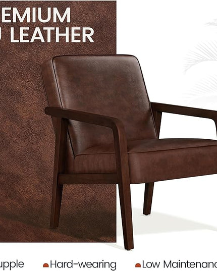 Yaheetech PU Leather Accent Chair, Mid-Century Modern Barrel Chair with Wooden Frame and Soft Thick Padded for Living Room Bedroom Home Office, Dark Brown - LeafyLoom